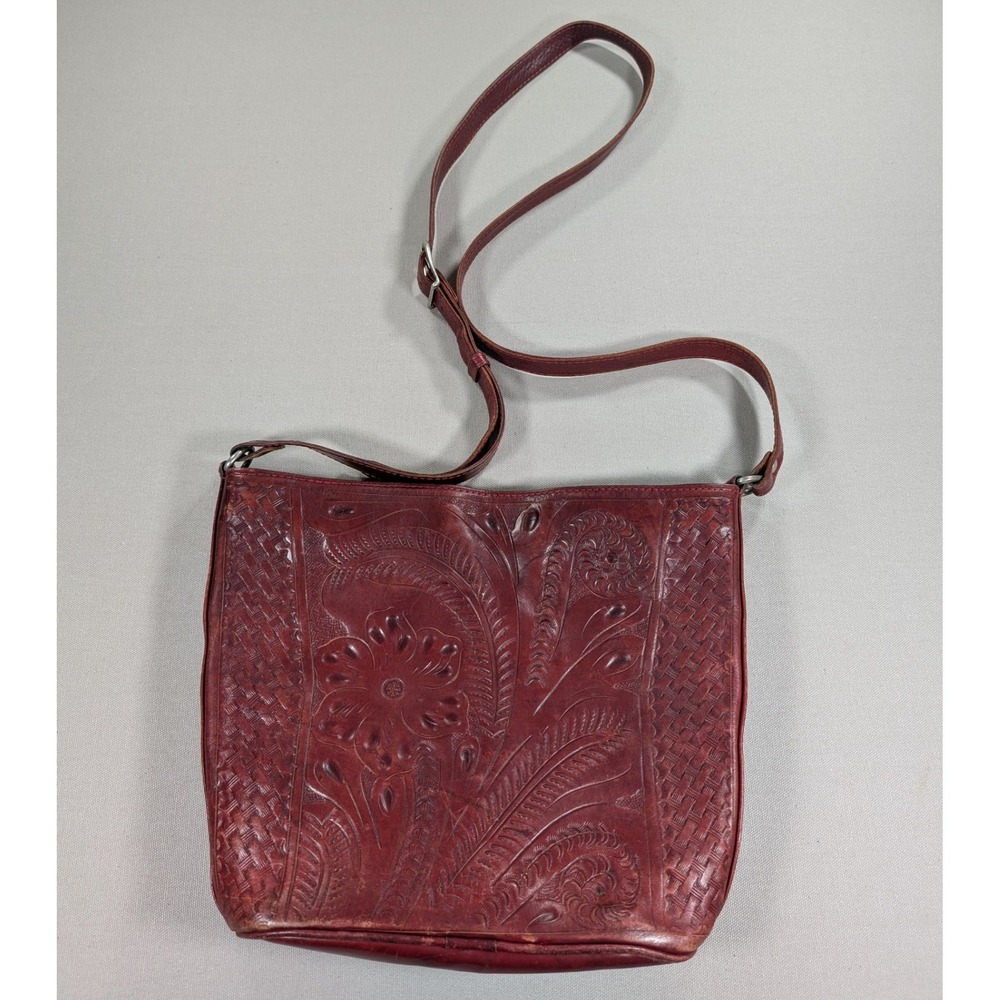 Leaders in Leather Crossbody Bag Womens Burgundy Tooled Leather Paraguay